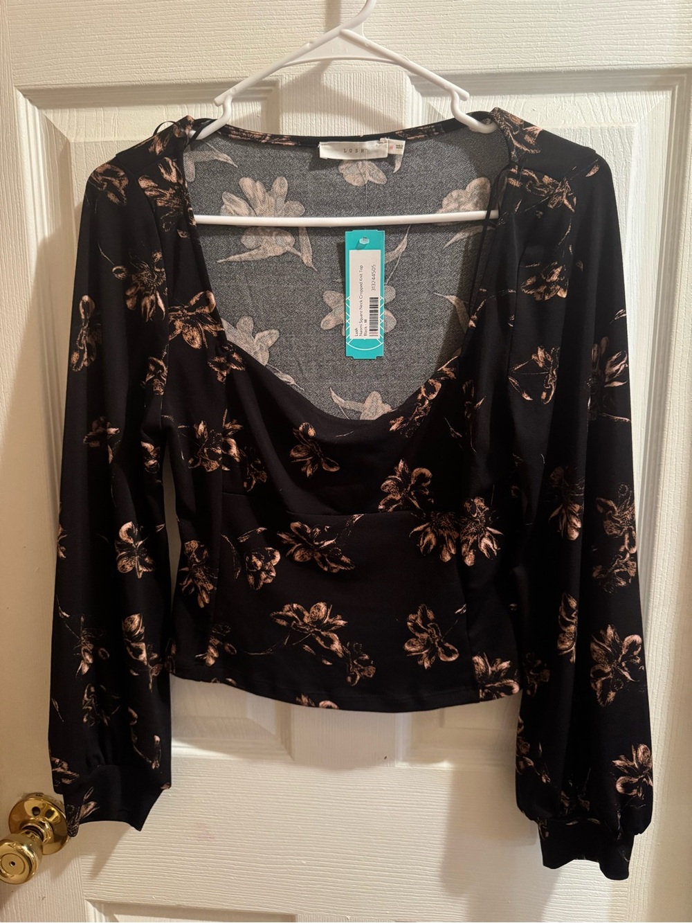 Lush Black Long-Sleeve Floral Draped Neck Top